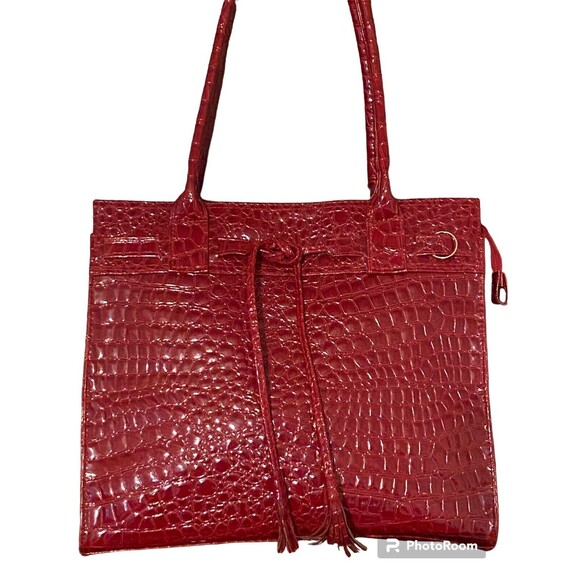 Elizabeth Arden Embossed Alligator Glossy Tassels Large Red Tote Bag Handbag - Picture 10 of 16